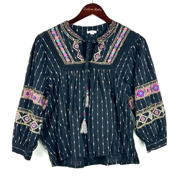 Ultra Pink Women L Top Black Gold Embroider Puff Sleeve Tassel Boho Festival N1 - Picture 3 of 12